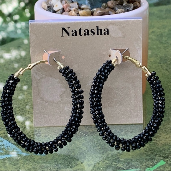 NATASHA Beaded Black & Gold BIG HOOPS EARRINGS! - Picture 2 of 6